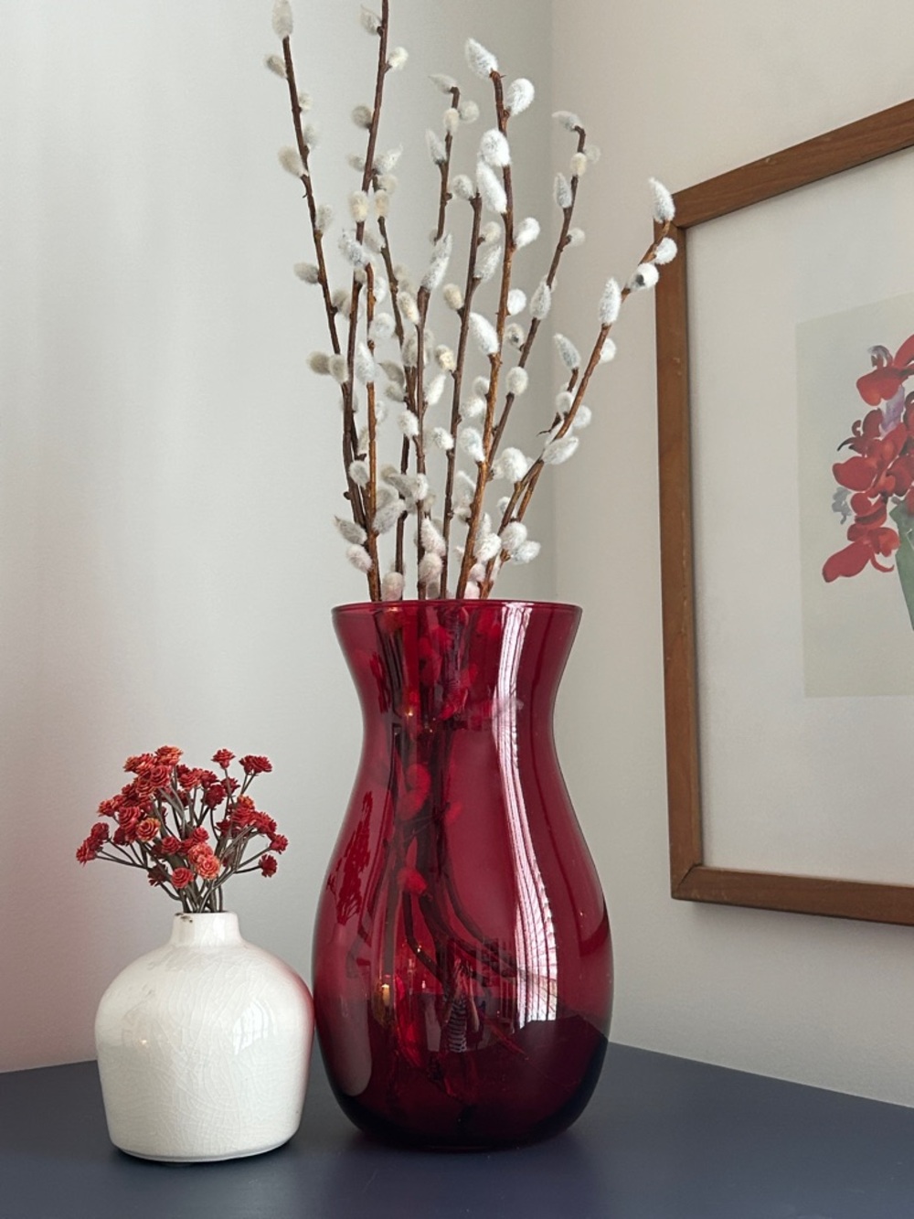 Red and White Tabletop decor Dried floral shelf decor Red vase faux cattails